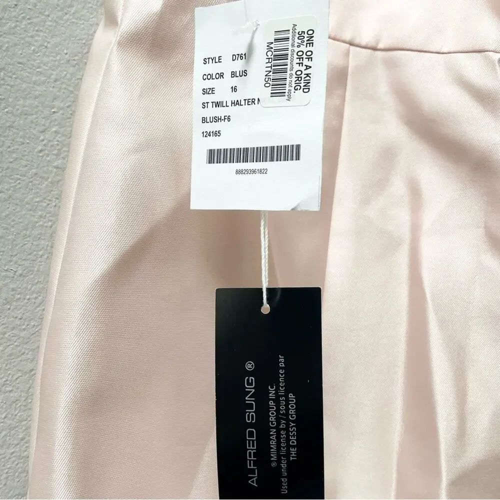 Alfred Sung V-Neck Halter Satin Trumpet Gown in Blush Pink Women's Size 16 $244 - Picture 8 of 8